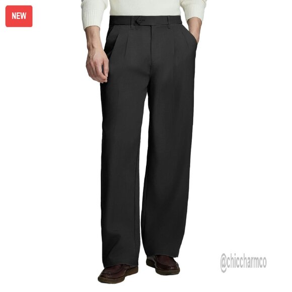 Men's Pleated Wide Leg Dress Pants Vintage Fit Elastic Waist Office Casual